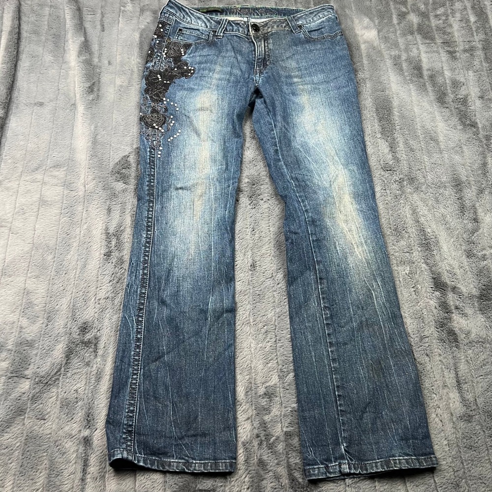 Rock 47 by Wrangler Womens Ultra Low Rise Bootcut Jeans Blue Embroidered 9x32